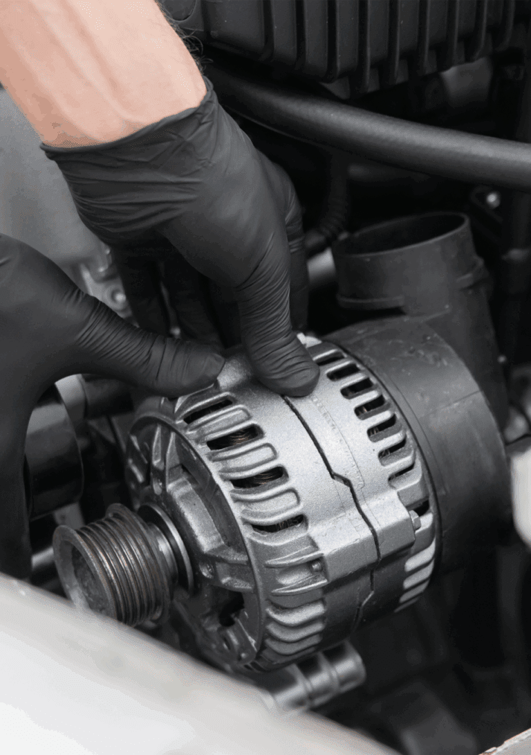 Technician installing an alternator in a car