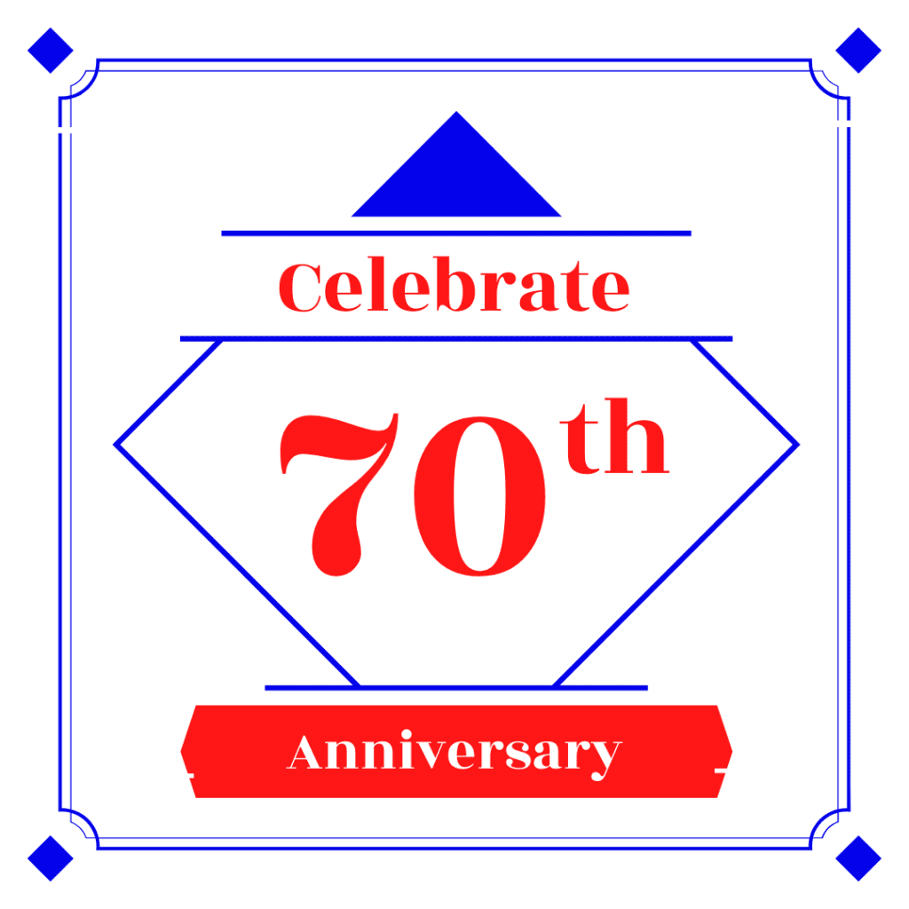 70th anniversary graphic with red and blue